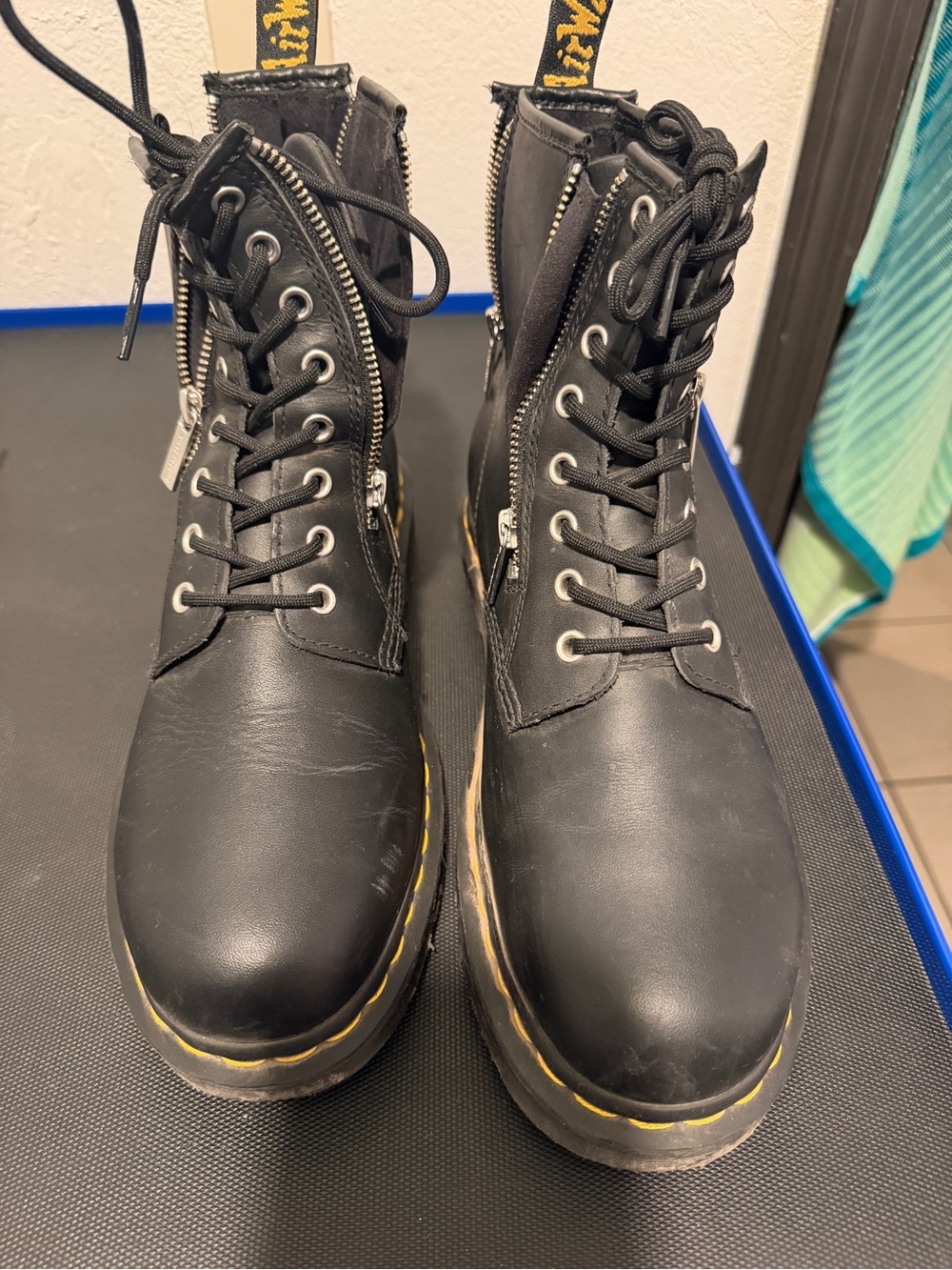 Black Combat Boots with Yellow Stitching
